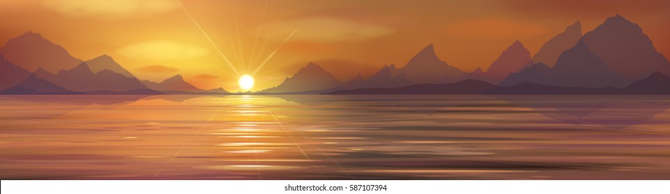 Vector   sea scene sunset  in mountains.