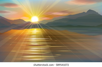 Vector sea scene sunset in mountains.