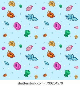 Vector sea seamless background pattern with a set of colorful seashells. Ocean theme template for package wrapping paper, textile design. 