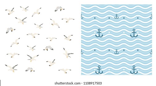 Vector sea seamless pattern with anchor, seagulls and waves. Blue and white seamless set. Marine background for poster, invitations, textile,wedding, wallpaper and web design. Summer illustration.