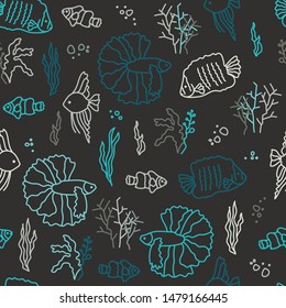 Vector sea seamless pattern in brown and turquoise. Simple doodle fish hand drawn made into repeat. Great for background, wallpaper, wrapping paper, packaging, fashion.