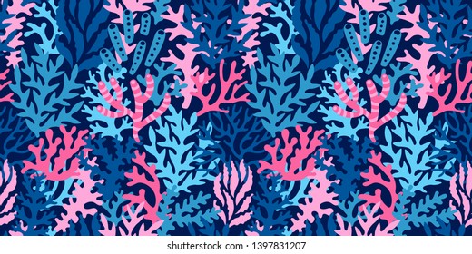Vector sea seamless pattern with corals. Repeated texture with underwater plants. Marine summer background with floral elements.