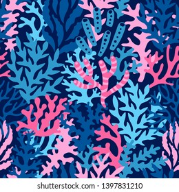 Vector sea seamless pattern with corals. Repeated texture with underwater plants. Marine summer background with floral elements.