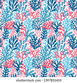 Vector sea seamless pattern with corals. Repeated texture with underwater plants. Marine summer background with floral elements.