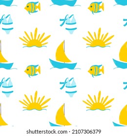 Vector sea seamless pattern with cute illustrations: sun, boat, fish, swimsuit. Illustration in yellow and blue colors for fabric, textile, wrapping paper, print
