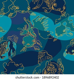 Vector sea seamless pattern with doodle cute goldfish of long continuous line isolated on blue background. Cartoon design element outline sketch for baby fabric, packaging, wrapping paper, wallpaper.