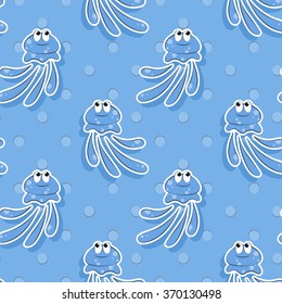 Vector sea seamless pattern with funny jellyfish. Pattern for children.