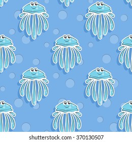 Vector sea seamless pattern with funny jellyfish. Pattern for children.