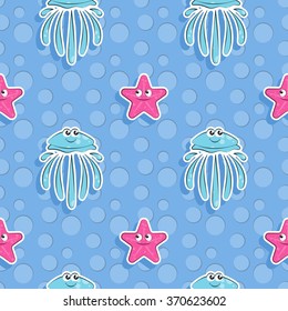 Vector sea seamless pattern with funny jellyfish and starfish. Pattern for children.