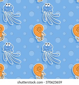 Vector sea seamless pattern with funny jellyfish and nautiluses. Pattern for children.