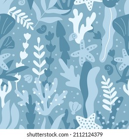 Vector sea seamless pattern with hand drawn seaweeds, corals and starfish. Aquarium water plants on blue background. Underwater plants silhouette.