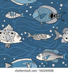 Vector Sea seamless pattern. Hand drawn stylized fishes on navy blue. Aquarium texture with sketch style fish with doodles. Colorful drawing