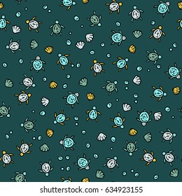 Vector sea seamless pattern with handdrawn doodle sea turtles. Color cartoon illustration.