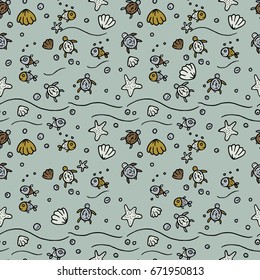Vector sea seamless pattern with handdrawn starfishes, fishes, shells, sea turtles. Color cartoon illustration.