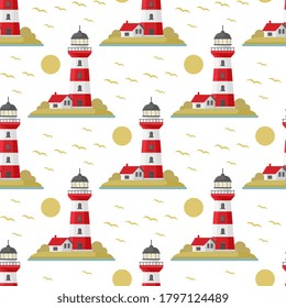 Vector sea seamless pattern with lighthouse. Blue and white seamless set. Marine background for poster, invitations, textile, wedding, wallpaper and web design. Summer illustration. Vector illustratio