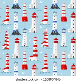 Vector sea seamless pattern with lighthouse,seagulls and waves. Blue and white seamless set. Marine background for poster, invitations, textile, wedding, wallpaper and web design. Summer illustration.