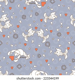 Vector Sea seamless pattern. Marine animals. Fish. Crayfish.