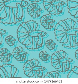 Vector sea seamless pattern in turquoise. Simple doodle fish hand drawn made into repeat. Great for background, wallpaper, wrapping paper, packaging, fashion.