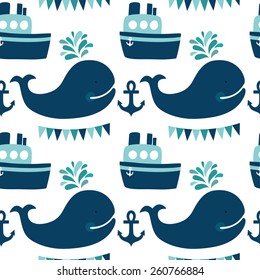 Vector sea seamless pattern with whales, ship, anchors, flags. Cute childish background with cartoon character.