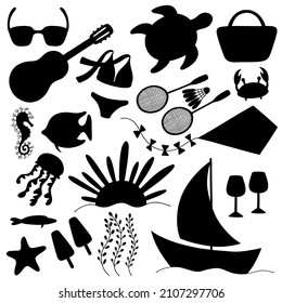 Vector sea set. Black silhouettes. Beach elements in black color.