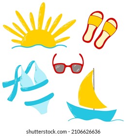 Vector sea set with bright illustrations: sun, swimsuit, sunglasses, flip flops, boat in yellow, blue and red colors.