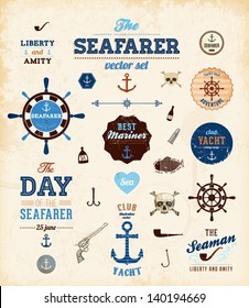 Vector sea set: calligraphic retro design elements and page decoration, Seafarer with Shipbuilder Label collection, anchors and skulls. All for vintage design.