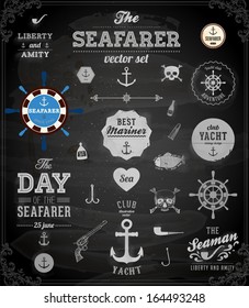 Vector sea set: calligraphic retro design elements and page decoration, Seafarer with Shipbuilder Label collection, anchors and skulls. All for vintage design. Chalkboard, Chalk texture.