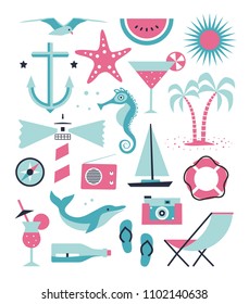 Vector sea set. Flat illustration with sea objects, anchor, gull, starfish, lighthouse, compass, dolphin, ship, palm tree,lifebuoy, chair, bottle, photo camera, cocktail, sea horse . Summer collection