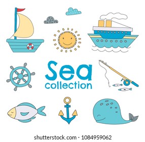 Vector sea set with hand drawn elements.