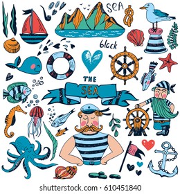 Vector sea set. Hand drawn illustration with cute sailor, fish, sea objects. Summer sea collection in doodle style for prints, t-shirt.