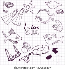 vector sea set of ink drawing sketch, hand drawn infographic sketches, isolated design elements