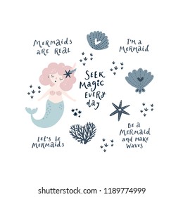 Vector sea set with mermaids, stars, seashells and lettering phrases on white background