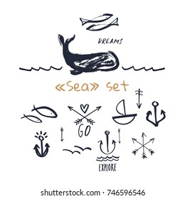 Vector sea set. Prints, labels, logos, stickers, elements for design and other.