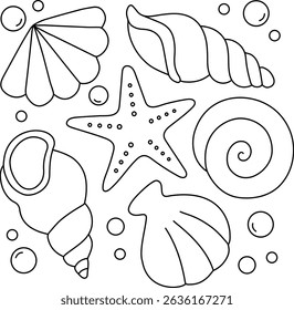 Vector sea set (seashells, starfish, pearls). Line art drawing on a transparent background. Each element is separate. Marine-themed graphics.