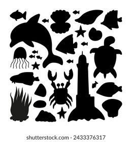 Vector sea set silhouette with dolphin, stingray, crab, turtle, fish, seashell and seahorse. Doodle illustrations. Hand drawn, not AI