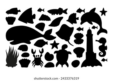 Vector sea set silhouette with dolphin, stingray, crab, turtle, fish, seashell and seahorse. Doodle illustrations. Hand drawn, not AI