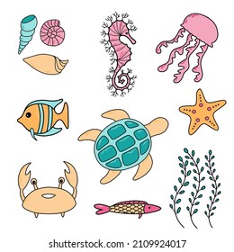 Vector sea set with underwater animals: shells, sea horse, jellyfish, fish, turtle, starfish, crab, seaweed. Illustrations for sticker, design elements, pattern, print.