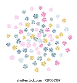 Vector sea shell blue, pink and gold illustration. Marine or oceanic pearl scallop, mollusk cockleshell design. Bivalve conch, sea shell or shellfish pattern. Seashell vector isolated on white.