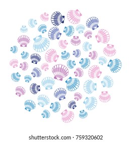 Vector sea shell circle pattern illustration. Pearl scallop, oceanic or marine mollusk cockleshell print design. Holiday symbols seashell, bivalve conch, shellfish ornament.