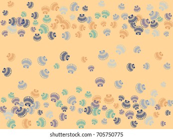 Vector sea shell pattern banner illustration. Marine or oceanic pearl scallop, mollusk cockleshell design. Bivalve conch, sea shell or shellfish pattern. Seashell colorful vector illustration.