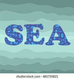 Vector Sea Shell Silhouette Decorative Letters Sea on Azure. Ocean Background