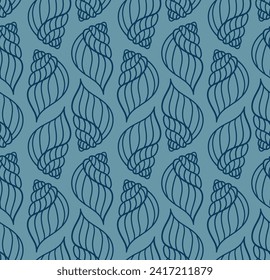 Vector sea shell silhouette seamless pattern. Ocean underwater aquatic mollusk in lihe hand-drawn style. Sea spiral snail seamless texture