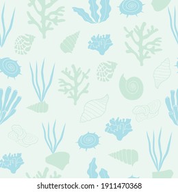 Vector sea shells and corals seamless pattern design