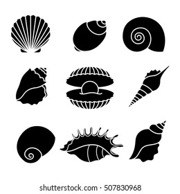 Vector sea shells and pearl seashell silhouettes isolated on white background