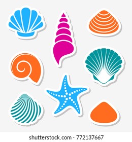 Vector sea shells and starfish labels with shadows