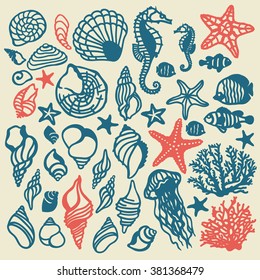 vector sea shells and underwater objects set. It can be used for wallpaper, fabric design, textile design, cover, wrapping paper, banner, card, background, print