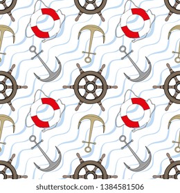 Vector Sea Ship Vessel Helm and Anchor Seamless Pattern