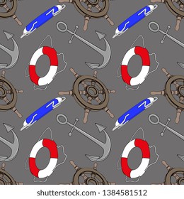 Vector Sea Ship Vessel Helm and Anchor Seamless Pattern