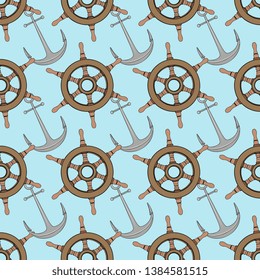 Vector Sea Ship Vessel Helm and Anchor Seamless Pattern