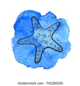 vector sea star fish at blue watercolor background, hand drawn illustration